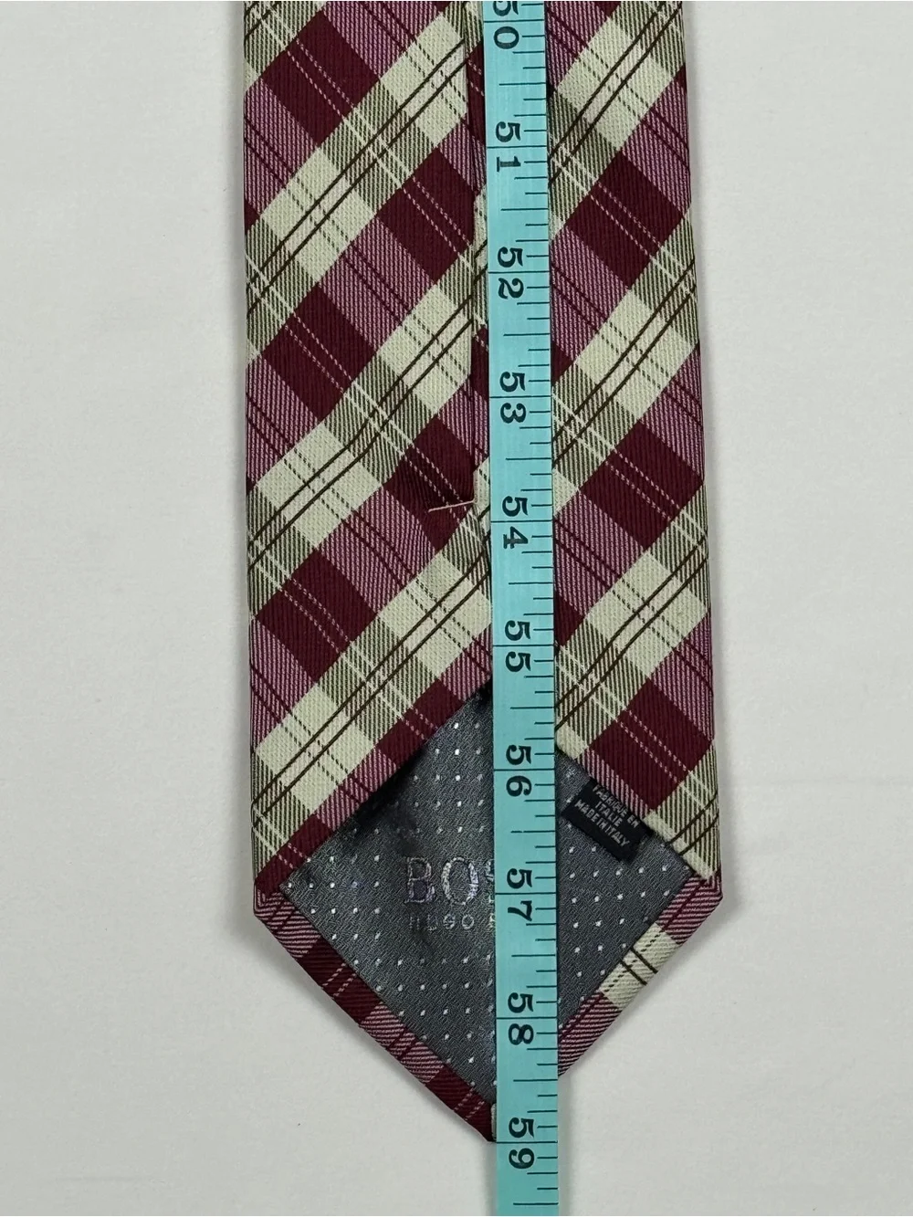 Hugo Boss Maroon and Cream Plaid Silk Tie